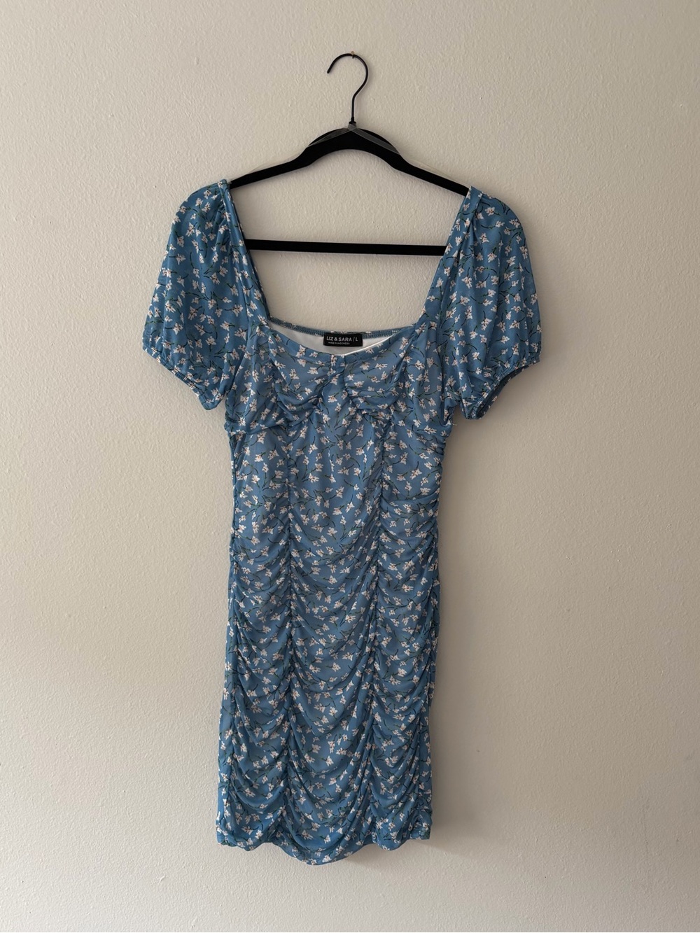 Liz & Sara Blue White Floral Ruched Bodycon Dress Large